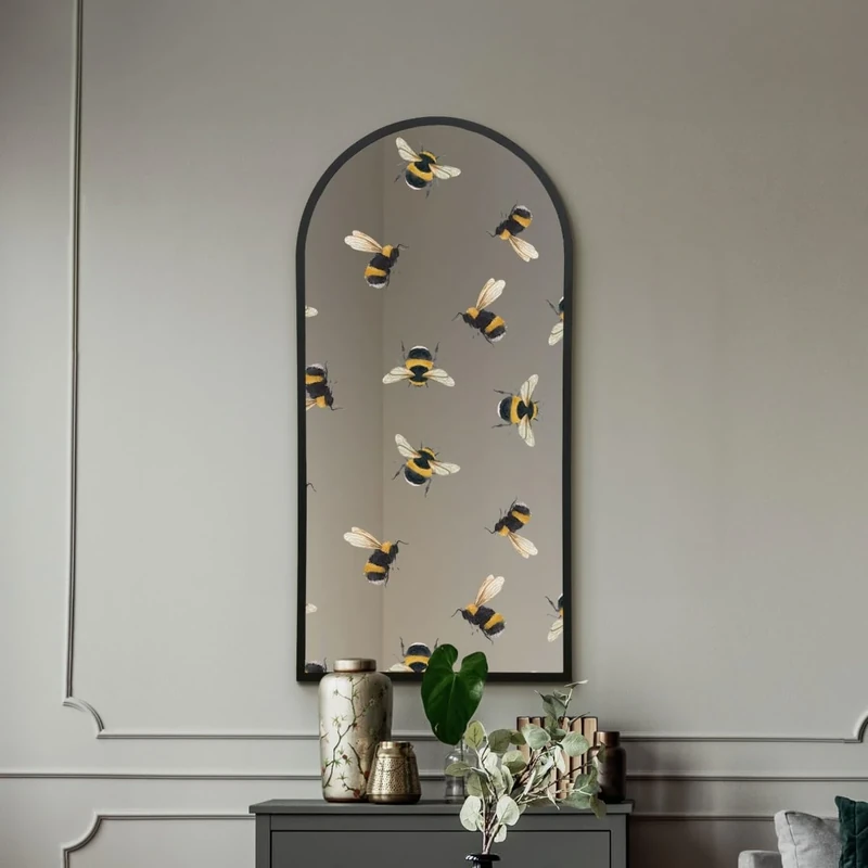 MirrorOutlet The Typis - Black Metal Frame Edged Modern Round Arch Edge Wall Mirror With Colour Bumble Bee Printed Decal 47" x 24" (120CM X 60CM) Silver Mirror Glass with Black Frame