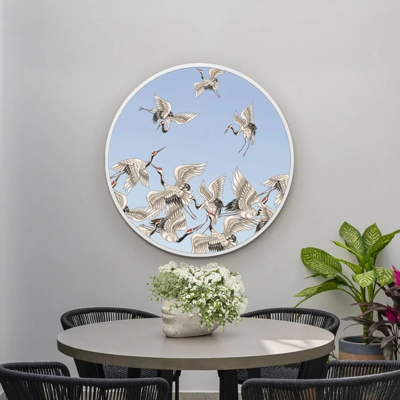 MirrorOutlet The Typis - White Metal Frame Edged Modern Round Circular Edge Garden Wall Mirror With Colour Stork Printed Decal 31"x31" (80CM X 80CM) Silver Mirror Glass with White Frame