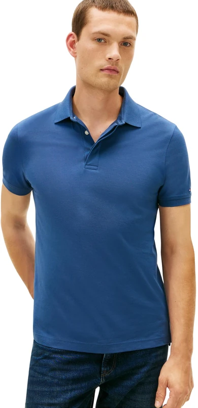 Tommy Hilfiger Men’s Polo Shirt Short Sleeve Hidden Placket with Button Placket, Blue (Aegean Sea), L