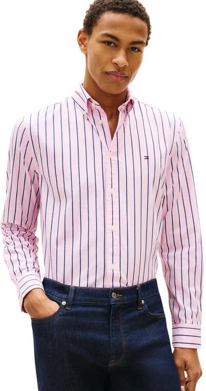 Tommy Hilfiger Men's Flex Poplin Bold Stripe Rf Shirt Mw0Mw39159, Pink, M
