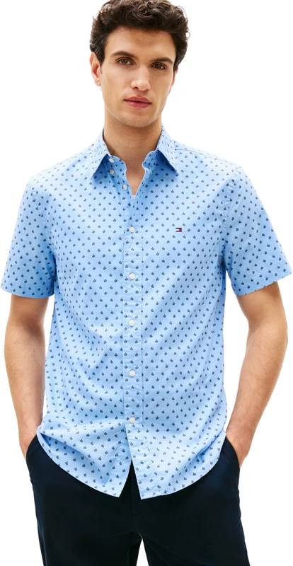 Tommy Hilfiger Men's Flex Poplin PRT Rf Bd S/S MW0MW43140, Blue, XL