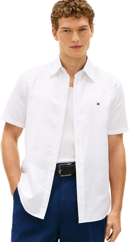 Tommy Hilfiger Men's Cl Linen Blend Solid Ss Rf Sht MW0MW42450, White, XL