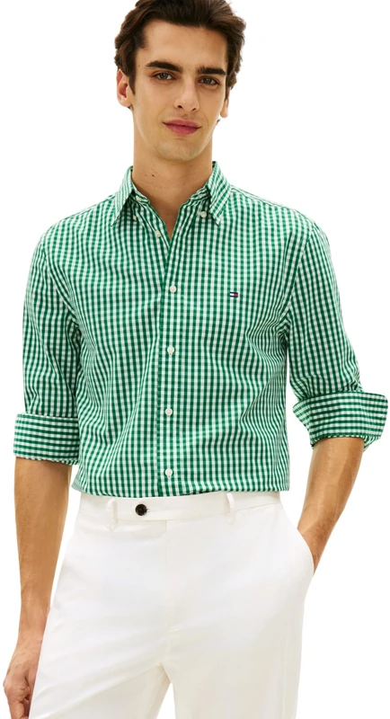 Tommy Hilfiger Men's Flex Poplin Gingham Rf Shirt Mw0Mw37548, Green, L