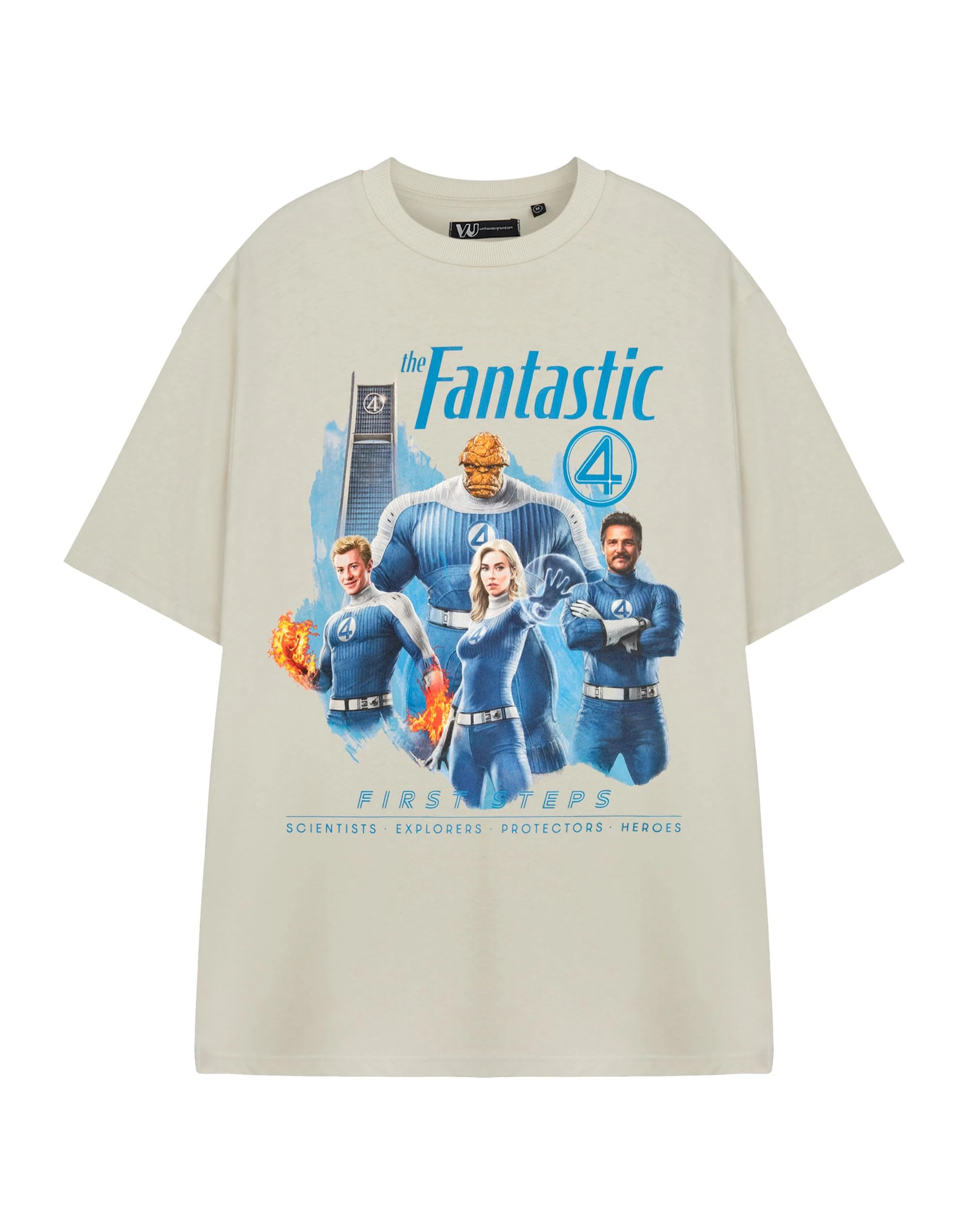 Marvel Fantastic Four Beige T-Shirt | First Steps Graphic Tee for Unisex Adults | Short Sleeve Crew Neck Top | Scientists, Explorers, Protectors & Heroes Apparel | MCU Merch - Large