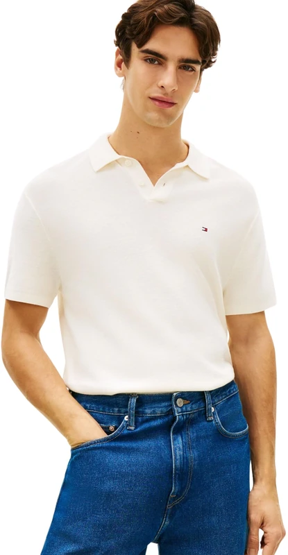 Tommy Hilfiger Men’s Polo Shirt Short Sleeve Cool Touch Structure Relaxed Fit, Off-White (Ivory Petal), XS