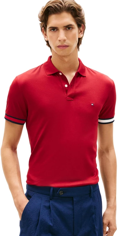 Tommy Hilfiger Men's RWB Cuff Liquid Cotton Slim Polo MW0MW42743, RED, XXL