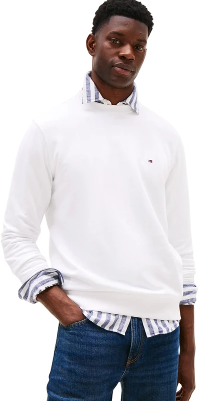 Tommy Hilfiger Men’s Sweatshirt Essential Terry Crew Neck with Round Neckline, White (White), XS