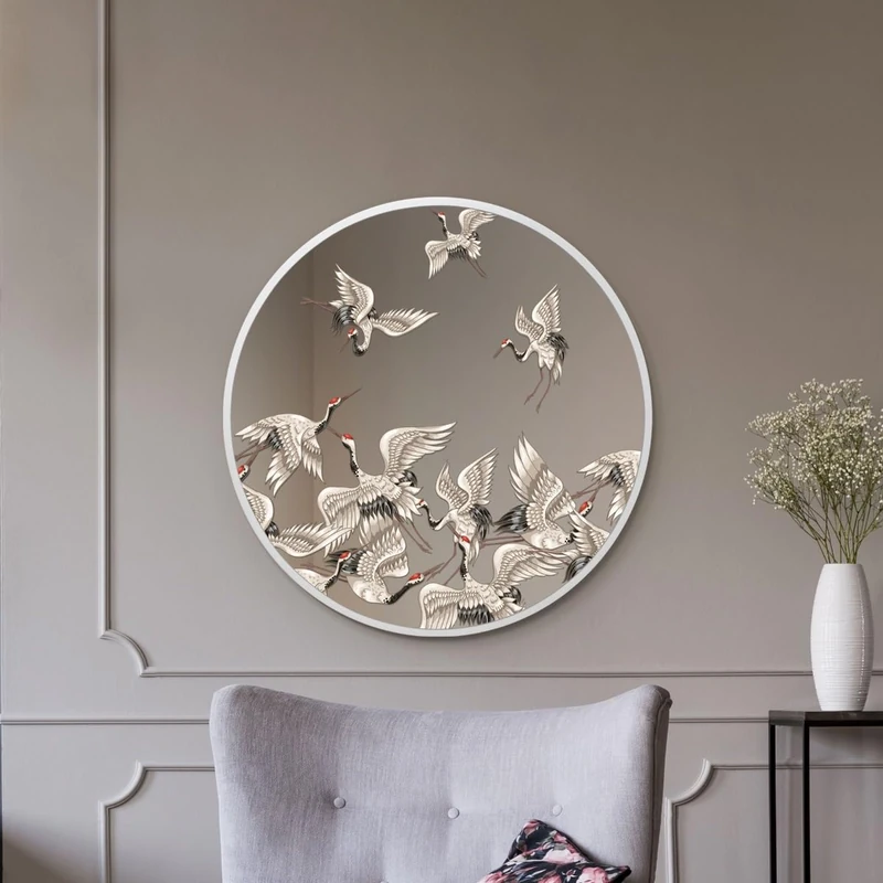 MirrorOutlet The Typis - White Metal Frame Edged Modern Round Circular Edge Wall Mirror With Colour Stork Printed Decal 31"x31" (80CM X 80CM) Silver Mirror Glass with White Frame