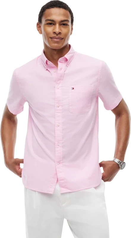 Tommy Hilfiger Men’s Shirt Light Oxford Solid Short Sleeve, Pink (Rose Petal), M