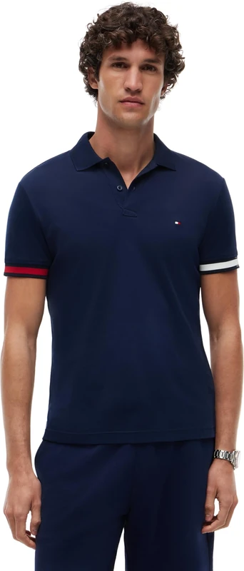 Tommy Hilfiger Men's RWB Cuff Liquid Cotton Slim Polo MW0MW42743, Blue, XS