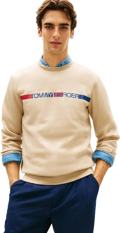 Tommy Hilfiger Men’s Sweatshirt Brand Love Stripe with Round Neckline, Beige (Sandalwood), S