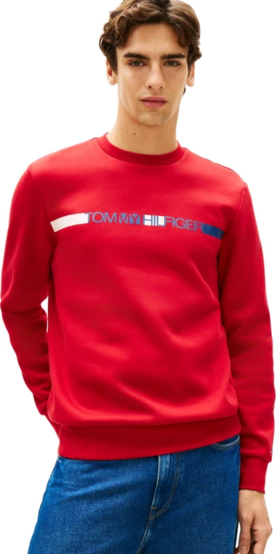 Tommy Hilfiger Men’s Sweatshirt Brand Love Stripe with Round Neckline, Red (Medium Red), XL