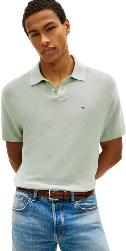 Tommy Hilfiger Men’s Polo Shirt Short Sleeve Cool Touch Structure Relaxed Fit, Turquoise (Minty Grey), S