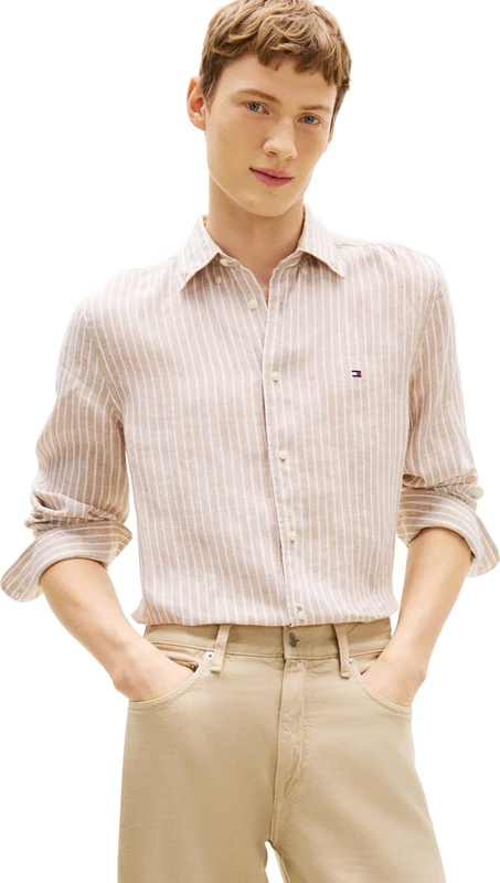 Tommy Hilfiger Men's Linen Bengal Stripe Rf Shirt MW0MW42400, Brown, L