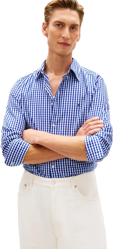Tommy Hilfiger Men's Flex Poplin Gingham Rf Shirt Mw0Mw37548, Blue, XL