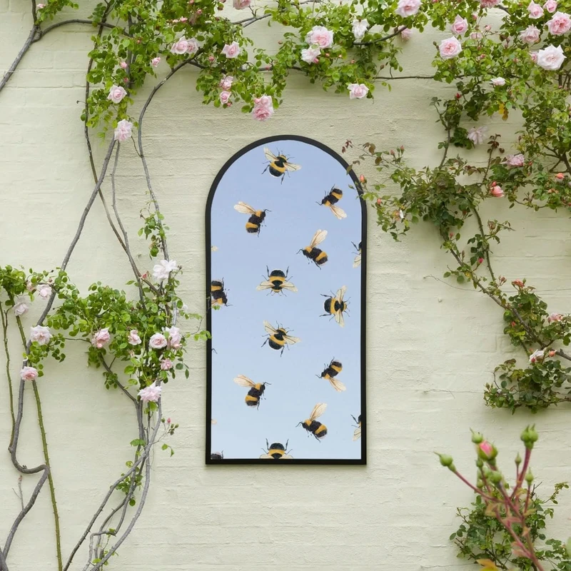 MirrorOutlet The Typis - Black Metal Frame Edged Modern Round Arch Edge Garden Wall Mirror With Colour Bumble Bee Printed Decal 47" x 24" (120CM X 60CM) Silver Mirror Glass with Black Frame
