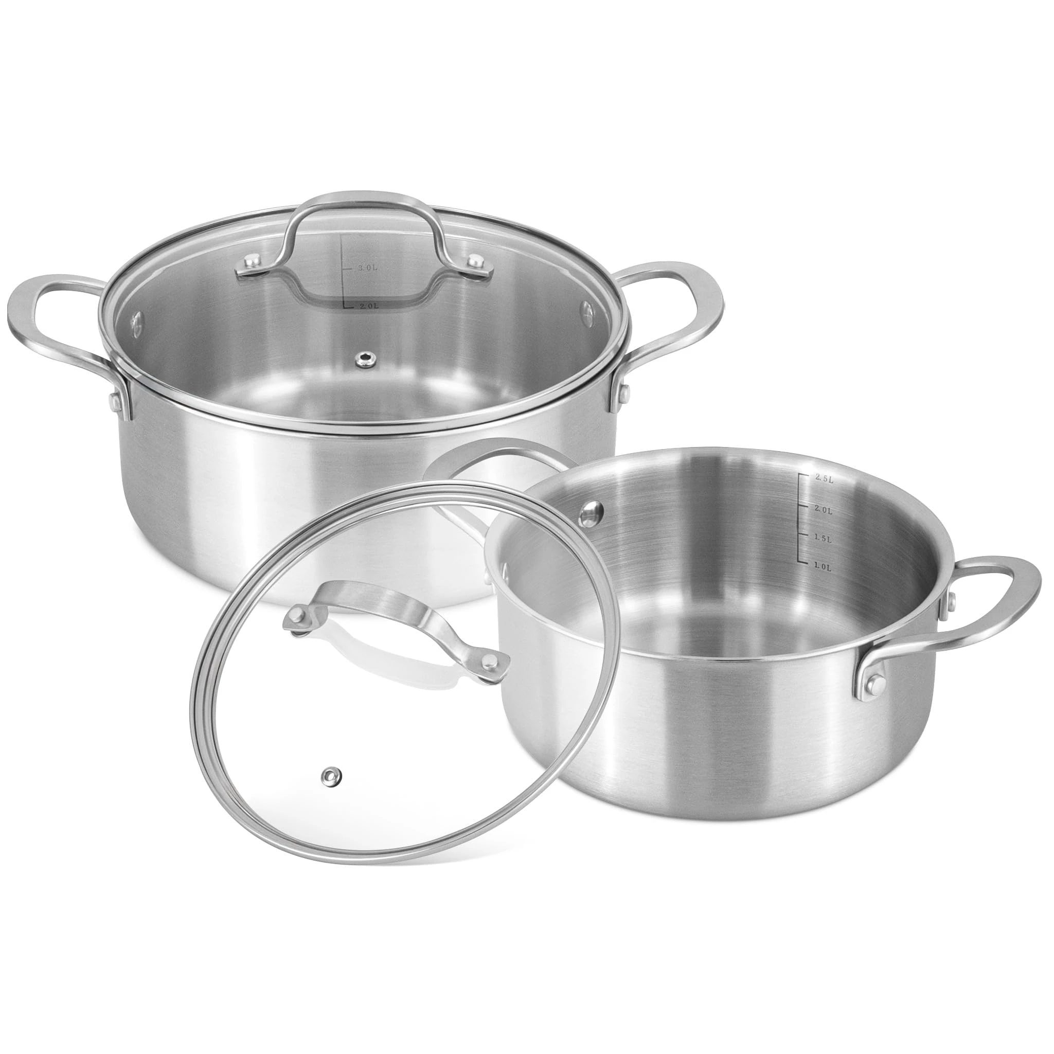 Stainless Steel Casserole Dish with Lid – Induction Hob Cooking Pots Set – Non Stick Dutch Oven – 20cm 2.7L & 24cm 4.3L (2 Pots + 2 Glass Lids) – by Nuovva