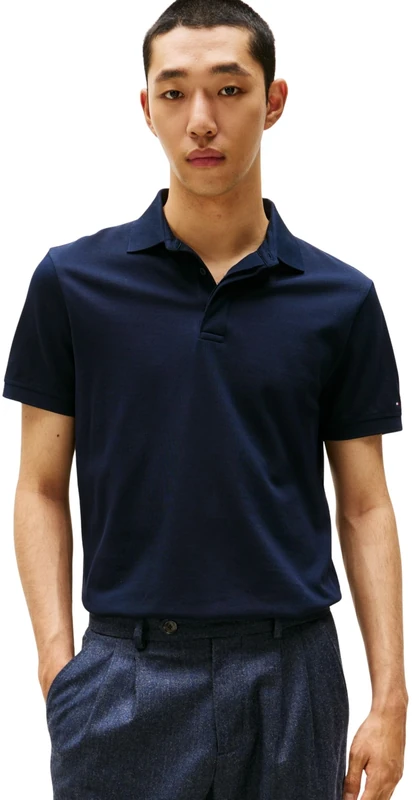 Tommy Hilfiger Men’s Polo Shirt Short Sleeve Hidden Placket with Button Placket, Blue (Desert Sky), L