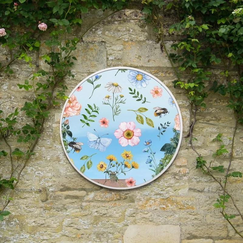 MirrorOutlet The Typis - White Metal Frame Edged Modern Round Circular Edge Garden Wall Mirror With Colour Flower Printed Decal 31"x31" (80CM X 80CM) Silver Mirror Glass with White Frame