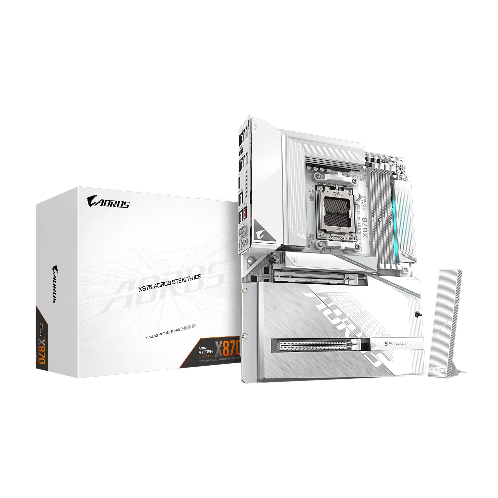 GIGABYTE X870 AORUS Stealth ICE AMD AM5 Motherboard, ATX, DDR5, 4X M.2, PCIe 5.0, 2xUSB-4,USB-C, WIFI7, 5GbE LAN, EZ-Latch