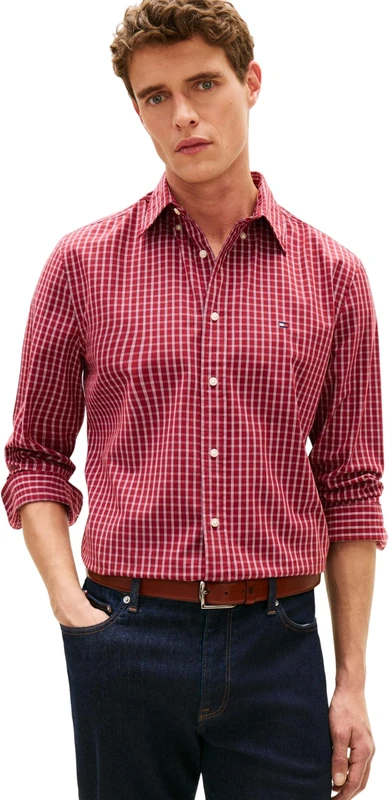 Tommy Hilfiger Men's Flex Poplin Herit Check Rf Shirt MW0MW42430, RED, M - Image 1