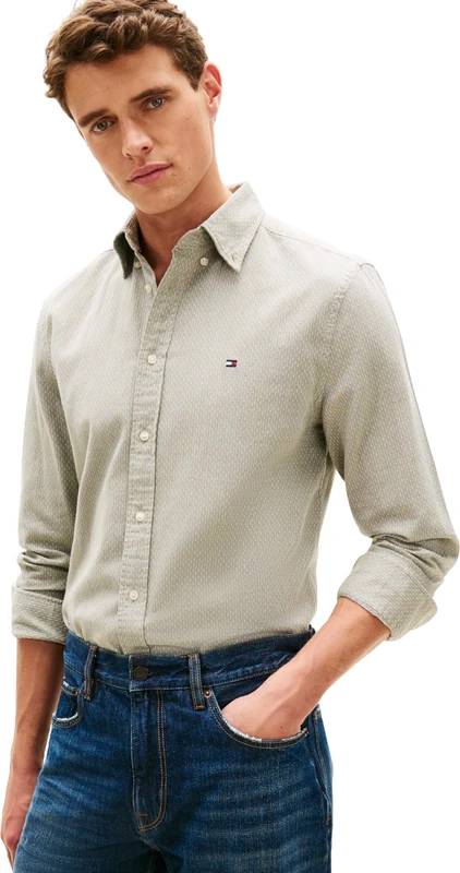 Tommy Hilfiger Men’s Shirt Flex Dobby in Cotton, Green (Dark Artichoke), S