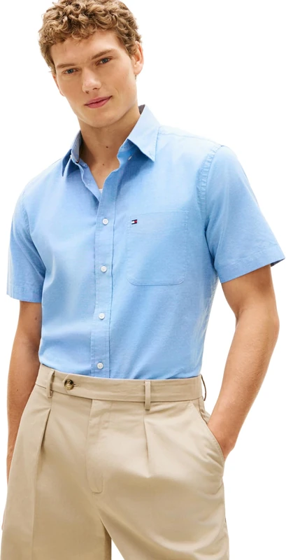 Tommy Hilfiger Men’s Shirt Light Oxford Solid Short Sleeve, Blue (Shirt Blue), XS