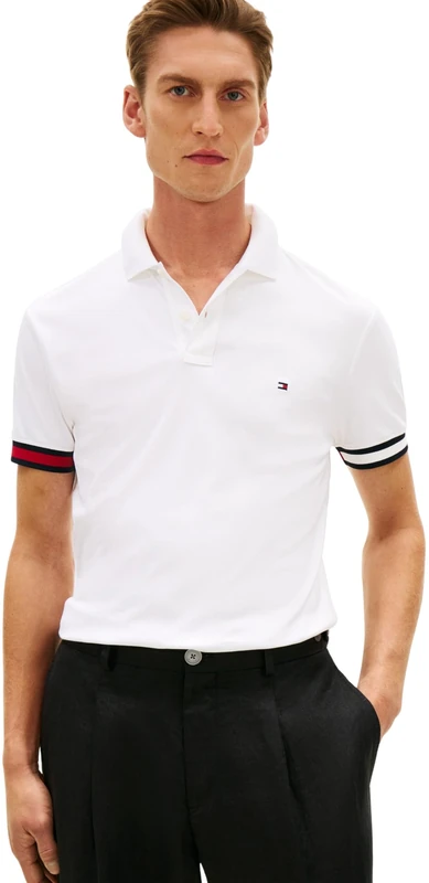Tommy Hilfiger Men's RWB Cuff Liquid Cotton Slim Polo MW0MW42743, White, XS