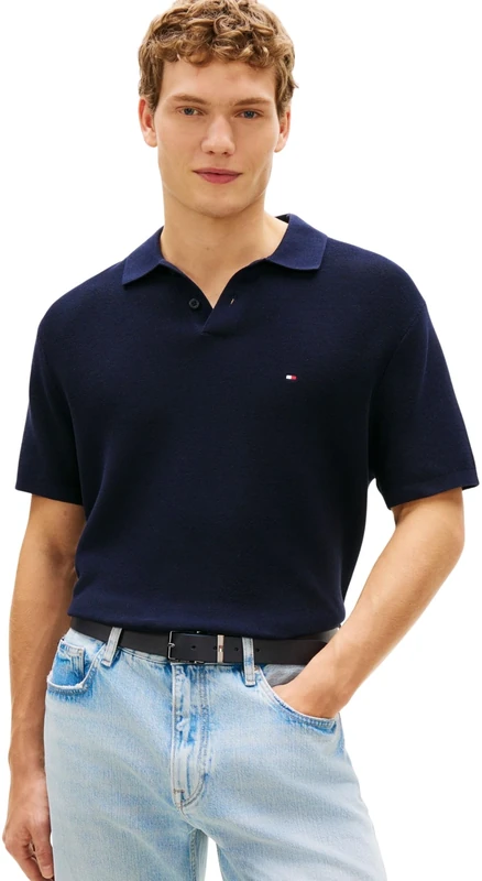 Tommy Hilfiger Men’s Polo Shirt Short Sleeve Cool Touch Structure Relaxed Fit, Blue (Desert Sky), XL