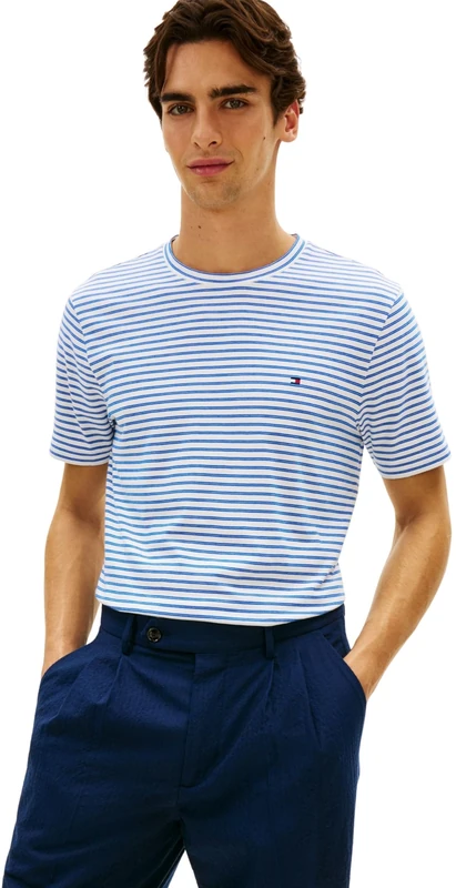 Tommy Hilfiger Men’s T-Shirt Short Sleeve Seasonal Stripe in Cotton, Blue (White/Regal Blue Stripe), XXL