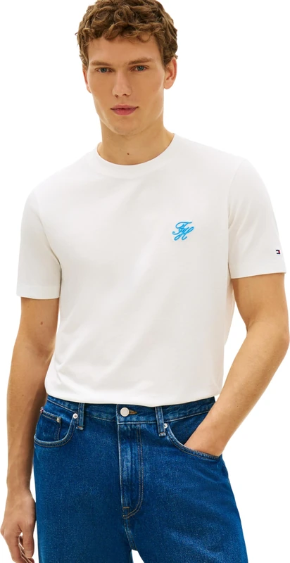 Tommy Hilfiger Men's Script Monogram Swimshop Tee MW0MW43066, White, XS - Image 1