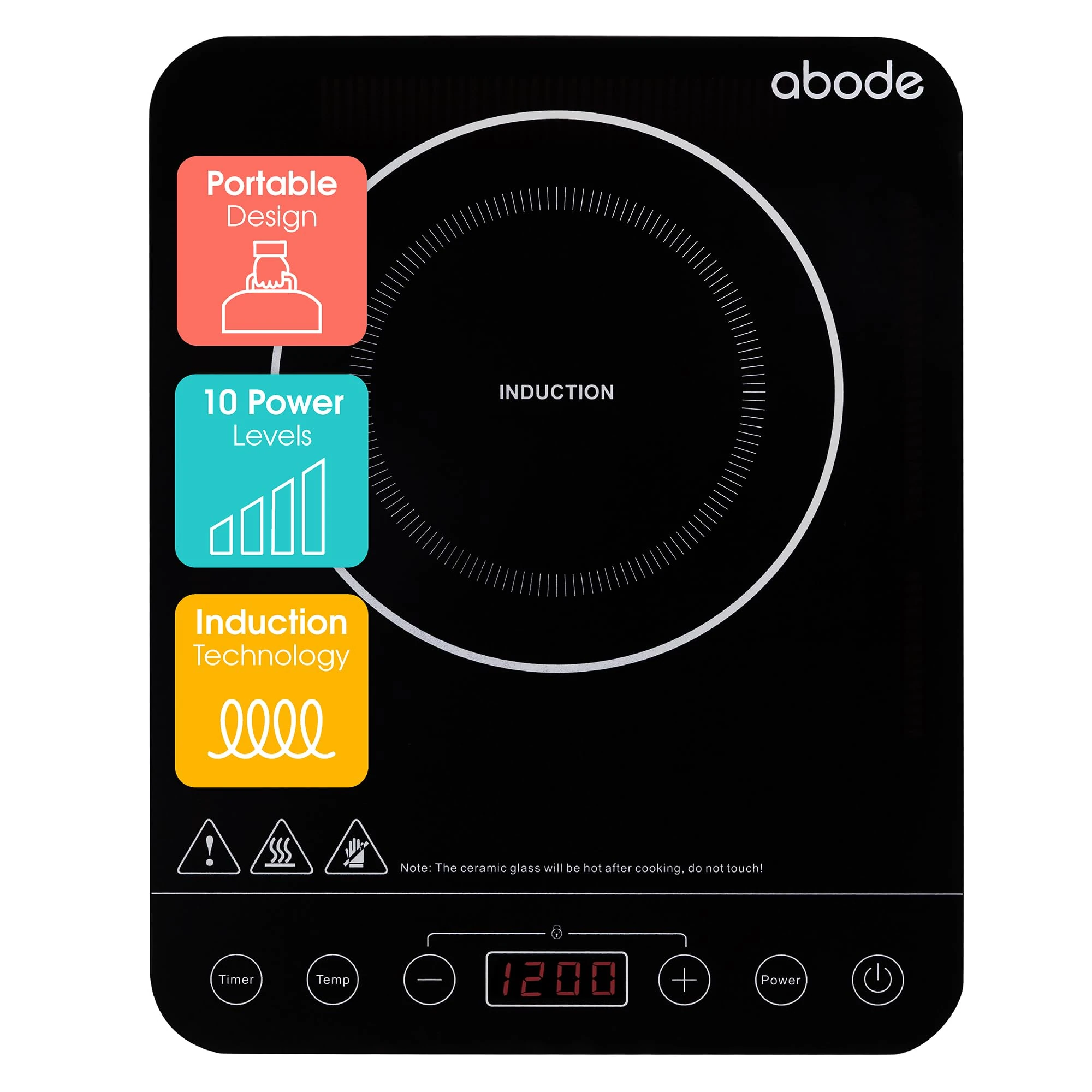 Abode Single Induction Hob Portable Digital Touch Control 2000W Double Electric Cooker, Plug In & Go 10 Heat Settings 3 Hour Timer Black with Child Safety Lock AINDH1002