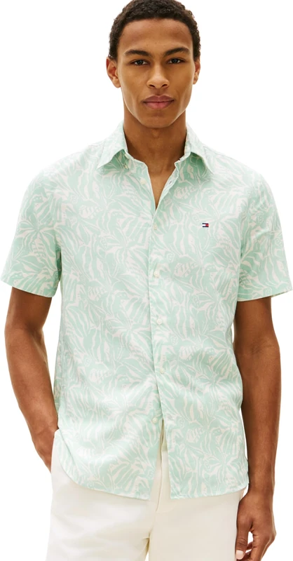 Tommy Hilfiger Men’s Shirt Linen Blend Short Sleeve, Turquoise (Crushed Mint/Allover), M
