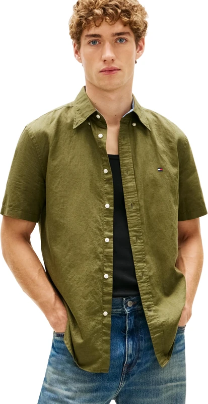 Tommy Hilfiger Men's Cl Linen Blend Solid Ss Rf Sht MW0MW42450, Green, XL