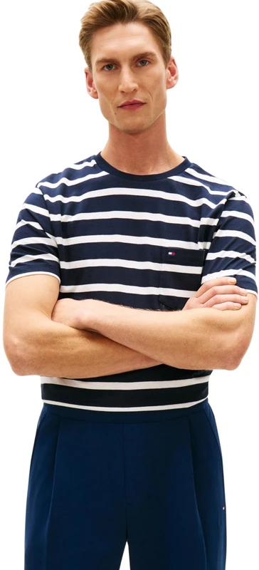Tommy Hilfiger Men’s T-Shirts Short Sleeve Stripe Pocket in Cotton, Black (Desert Sky/Ecru Stripe), XXL