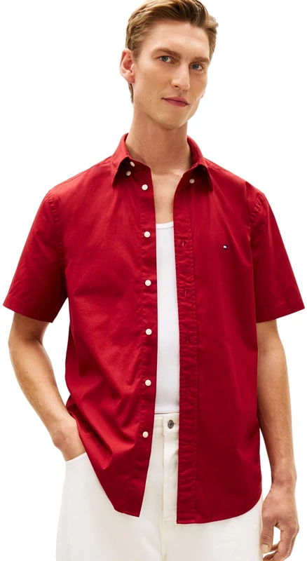 Tommy Hilfiger Men's Flex Poplin Solid S/S Shirt Mw0Mw37584, RED, S - Image 1
