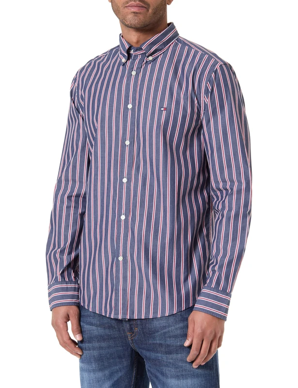 Tommy Hilfiger Men's Flex Poplin Bold Stripe Rf Shirt Mw0Mw39159, Blue, L