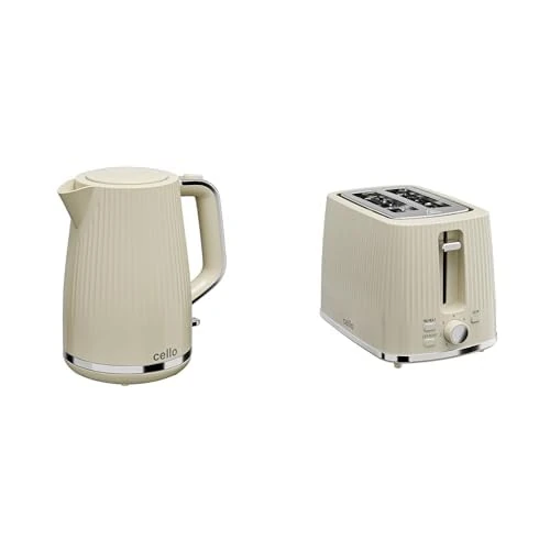 Cello KE190-CR Cream 1.7L Electric Kettle & 2 Slice Toaster with Textured Design, Wide Slots
