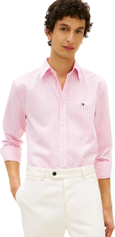 Tommy Hilfiger Men's Flex Poplin Gingham Rf Shirt Mw0Mw37548, Pink, M