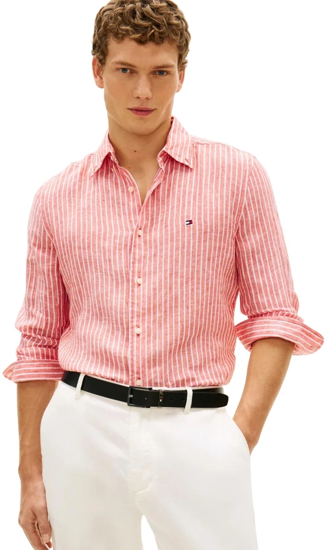 Tommy Hilfiger Men's Linen Bengal Stripe Rf Shirt MW0MW42400, Orange, M