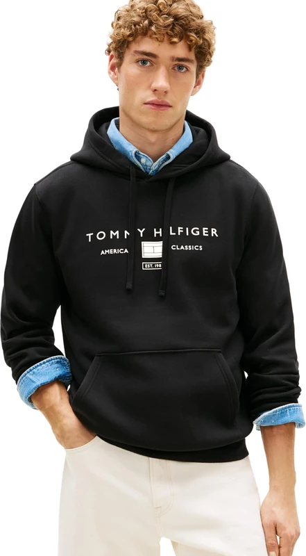 Tommy Hilfiger Men’s Hoodie Brand Love with Kangaroo Pocket, Black (Black), L