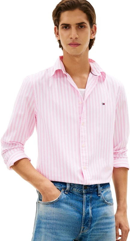 Tommy Hilfiger Men's Flex Poplin Classic STP Rf Shirt Mw0Mw37549, Pink, M