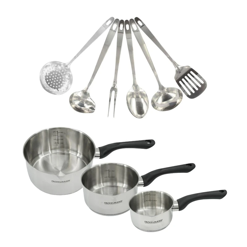 Fackelmann 9446050 Set of 3 18/8 Stainless Steel Saucepans 12 16 and 20 cm and 6 Stainless Steel Utensils Induction PFAS Free 18/8 12 16 20 cm