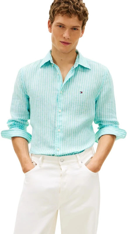Tommy Hilfiger Men's Linen Bengal Stripe Rf Shirt MW0MW42400, Blue, M