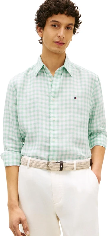 Tommy Hilfiger Men’s Shirt Linen Essential Gingham Regular Fit, Turquoise (Crushed Mint/Check), S