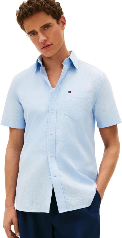 Tommy Hilfiger Men’s Shirt Seersucker Solid Regular Fit, Blue (Sweet Blue), XL