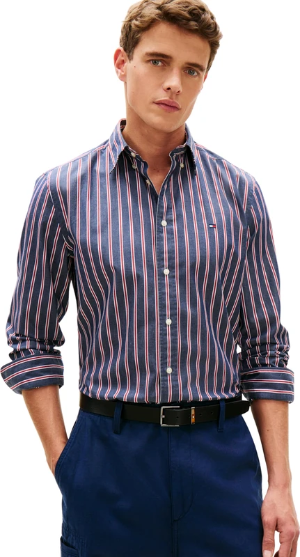 Tommy Hilfiger Men's Flex Poplin Bold Stripe Rf Shirt Mw0Mw39159, Blue, M