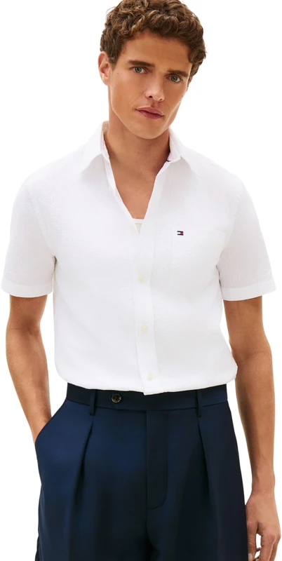 Tommy Hilfiger Men's Seersucker Solid Ss Rf Shirt Mw0Mw38570, White, M