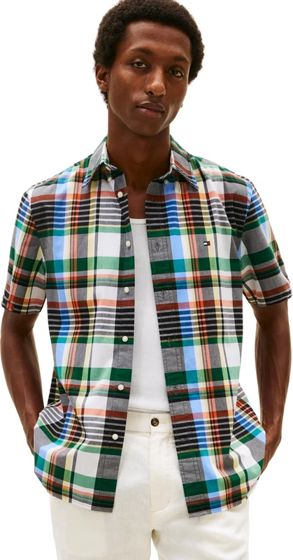 Tommy Hilfiger Men’s Shirt Flex Pop Multi Check Short Sleeve, Multicolor (White/Check Opt B), L