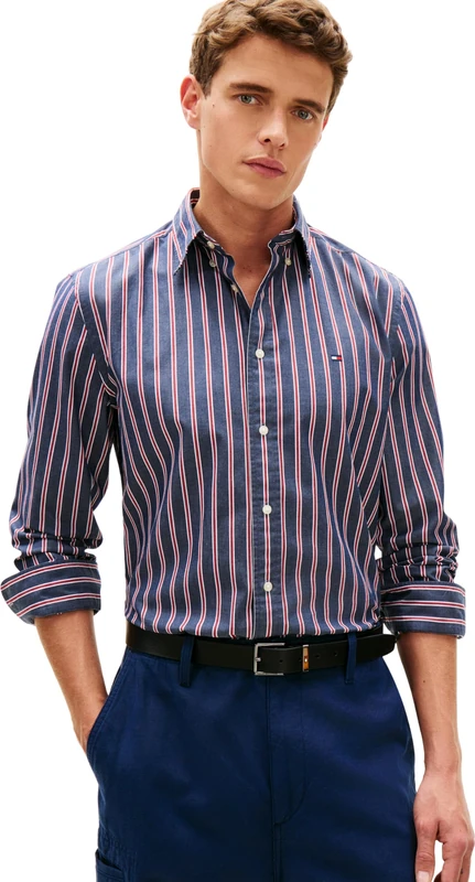 Tommy Hilfiger Men’s Shirt Flex Poplin Bold Stripe in Cotton, Multicolor (Carbon Navy/Stripe), XL - Image 1